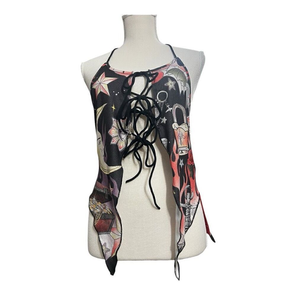 Romwe Black Multicolor Moon Floral Print Halter Top Size L Lace Up Open Back - Picture 10 of 10